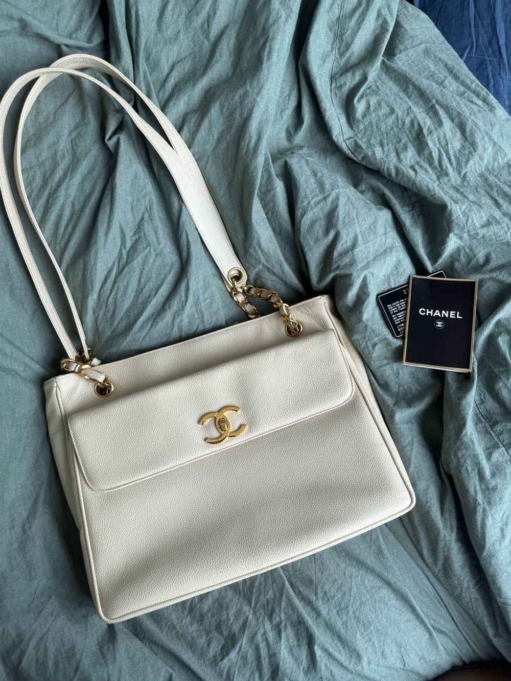 Chanel Off-White Caviar Leather Shoulder Bag with 24K Gold Hardware